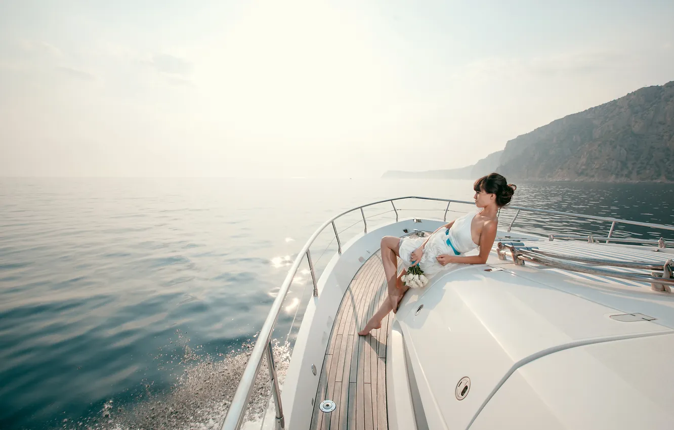Photo wallpaper sea, girl, flowers, squirt, pose, yacht, dress