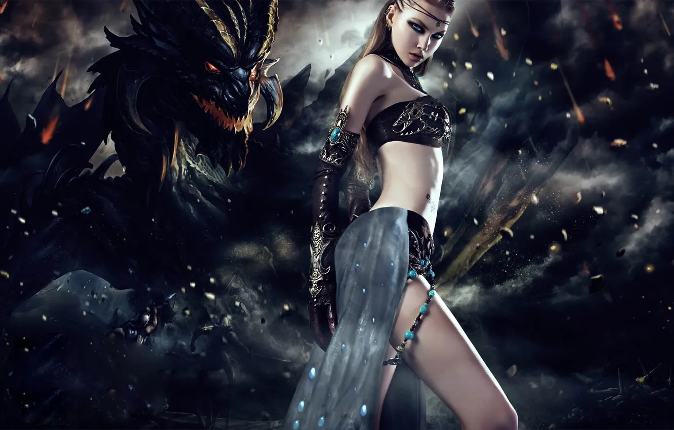 Photo wallpaper eyes, look, girl, blue, dragon, the game, destruction, forsaken world