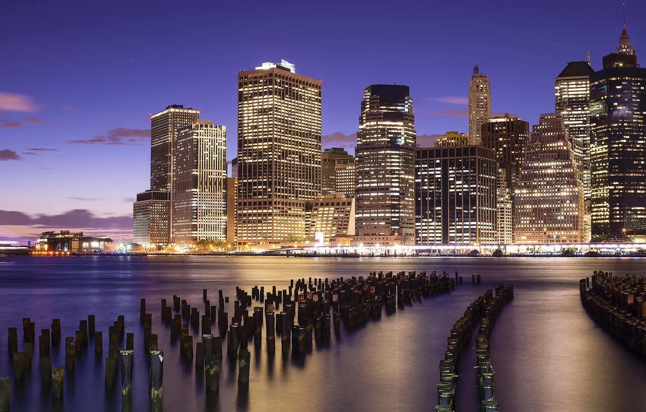 Photo wallpaper the city, lights, river, building, home, New York, skyscrapers, the evening
