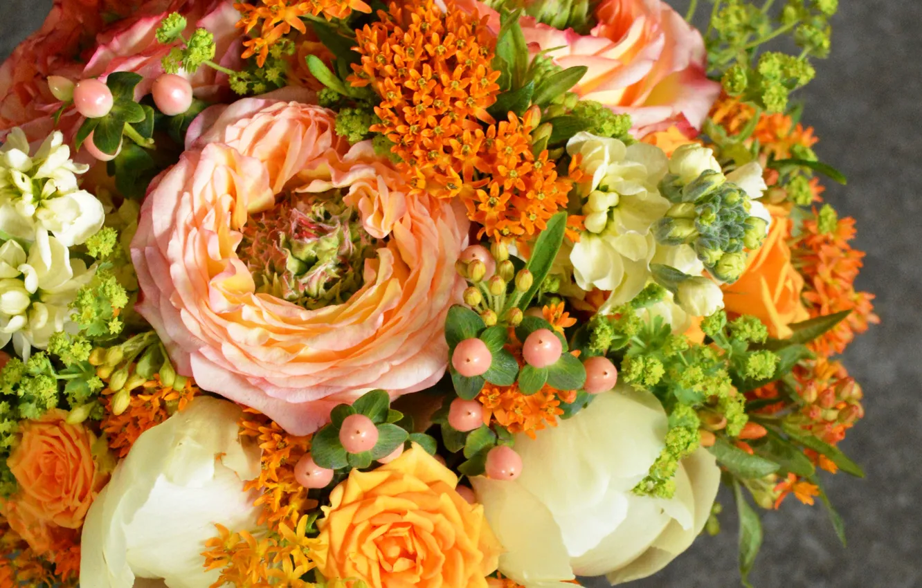 Photo wallpaper roses, bouquet, tulips, tulips, bouquet, roses