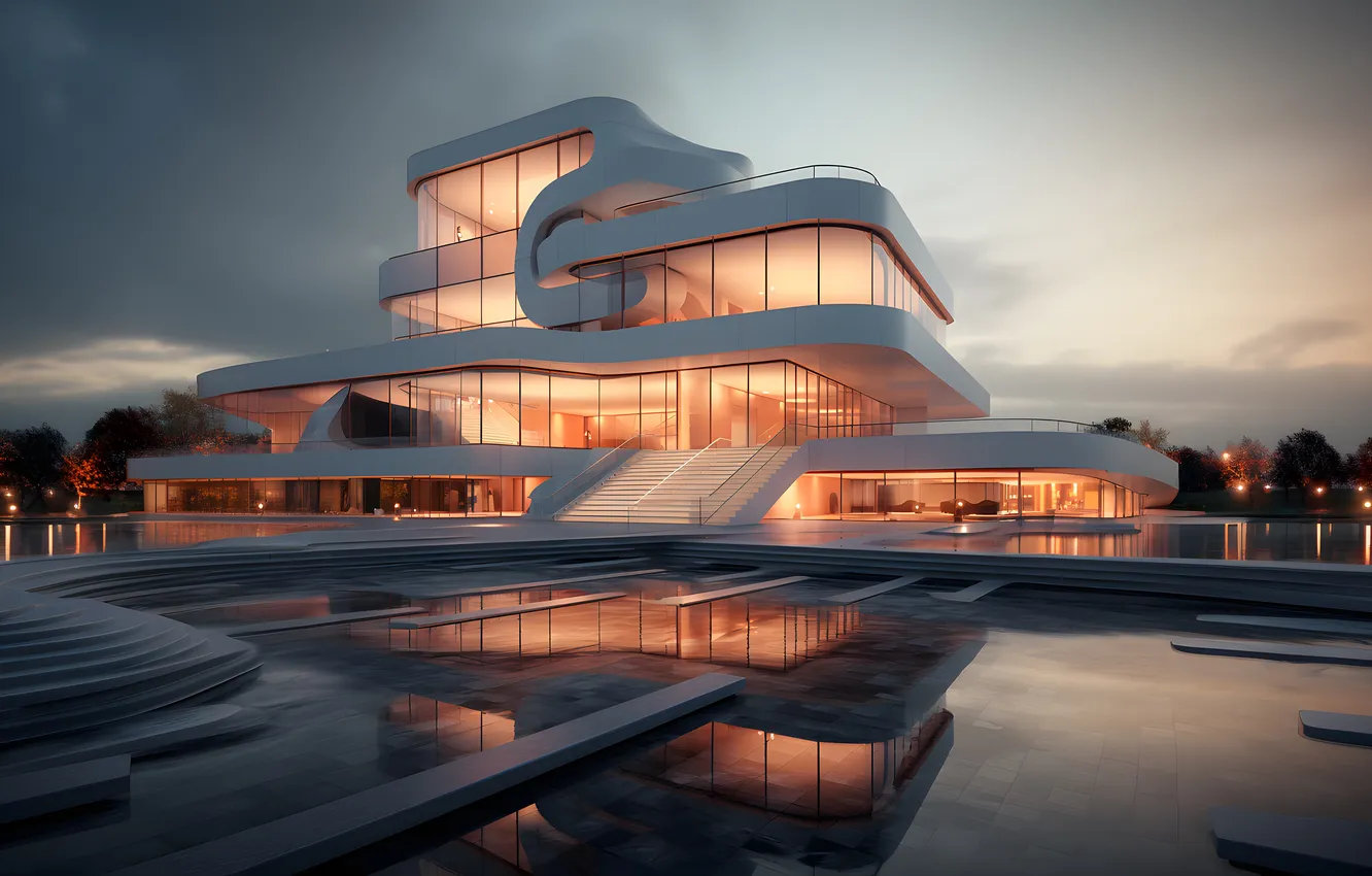 Photo wallpaper city, sky, landscape, clouds, reflection, building, stairs, AI art