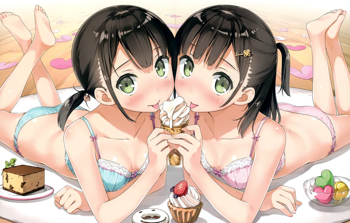 Photo wallpaper ice cream, sweets, on the bed, underwear, green eyes, sisters, two girls, brownies