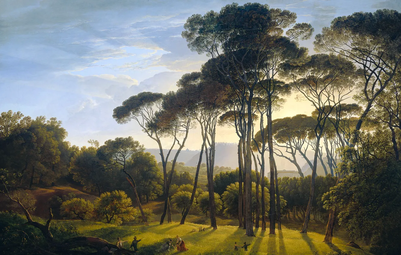 Photo wallpaper trees, oil, picture, canvas, Hendrik Voogd, Italian Landscape with Pine trees