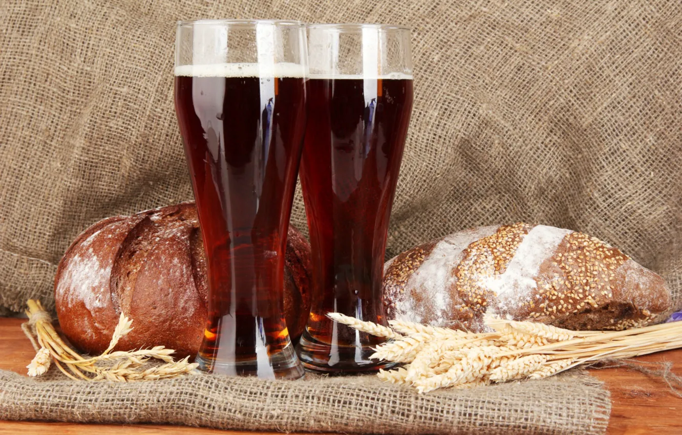 Photo wallpaper spikelets, glasses, bread, brew