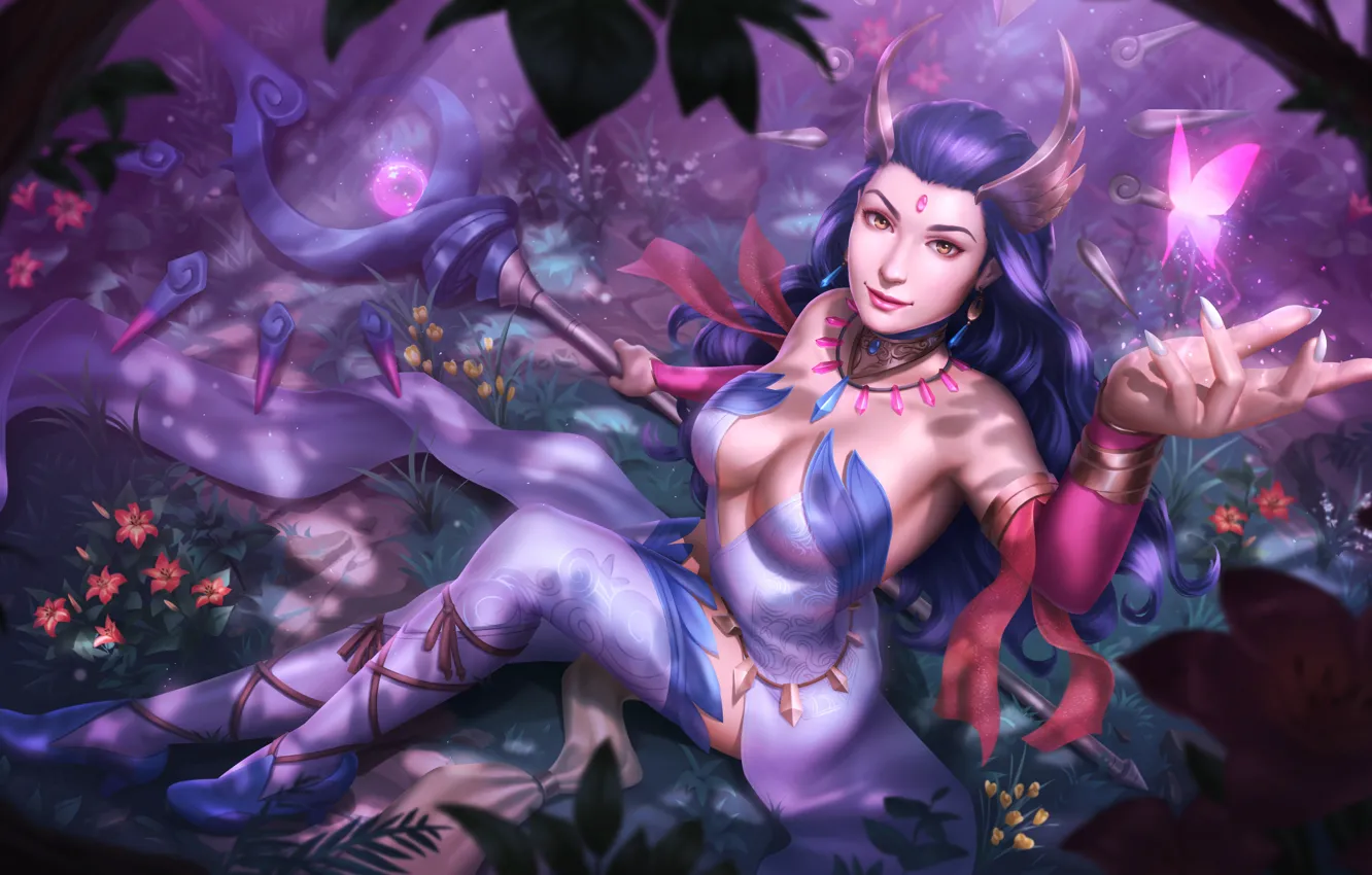 Photo wallpaper forest, chest, look, girl, beauty, dress, MAG, staff