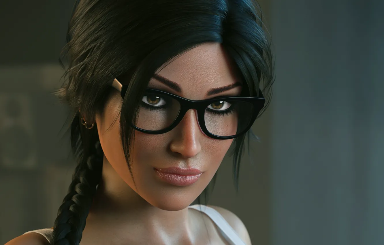 Photo wallpaper girl, face, rendering, beauty, glasses, lara croft, tomb raider, nerdy