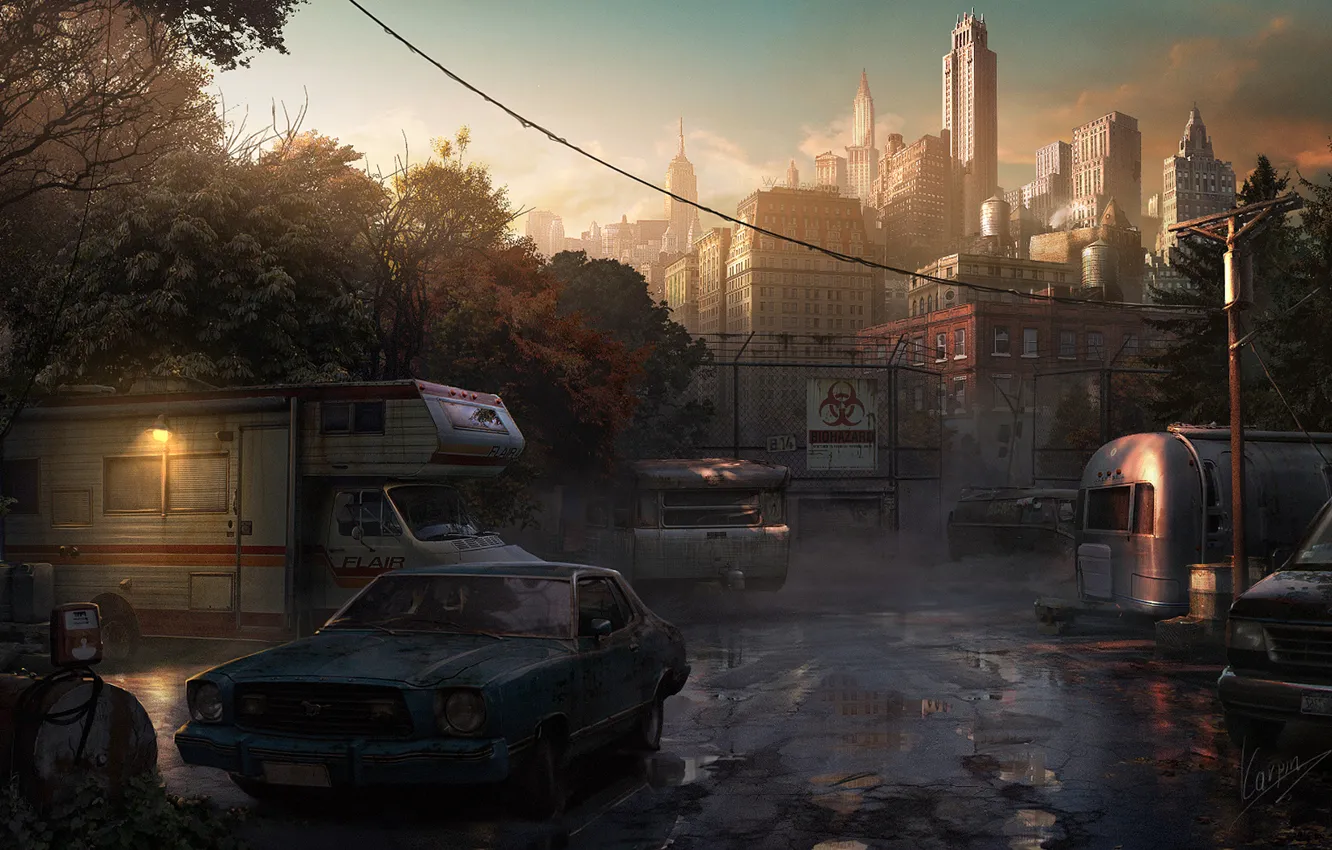 Photo wallpaper machine, infection, skyscrapers