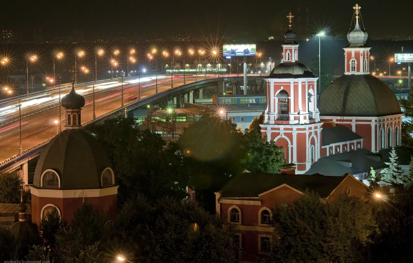 Photo wallpaper road, night, lights, Church, Moscow