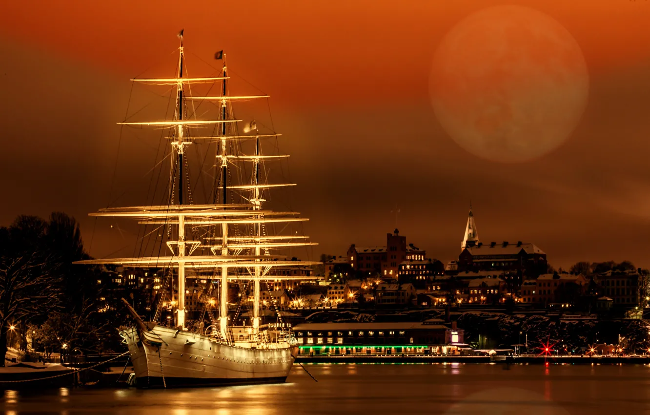 Photo wallpaper night, ship, sailboat, Museum, Stockholm