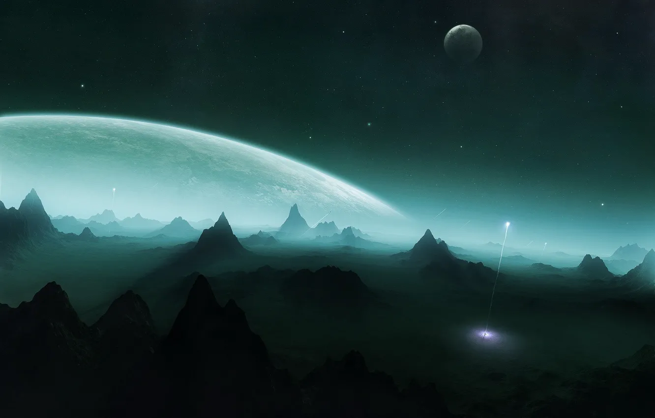 Photo wallpaper mountains, planet, rocket