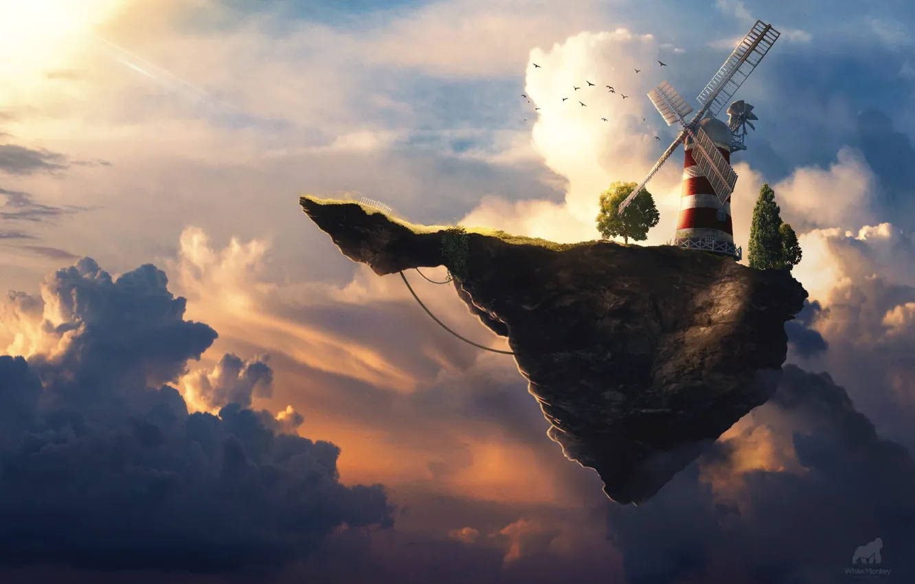 Photo wallpaper the sky, clouds, music, fiction, rocks, art, mill, Feel good inc.