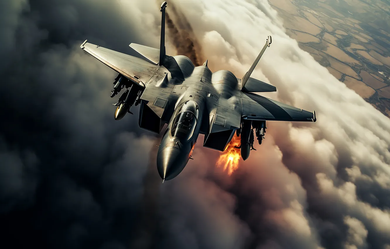 Photo wallpaper The plane, Smoke, Fire, Flight, Fighter, The explosion, Top, Digital art