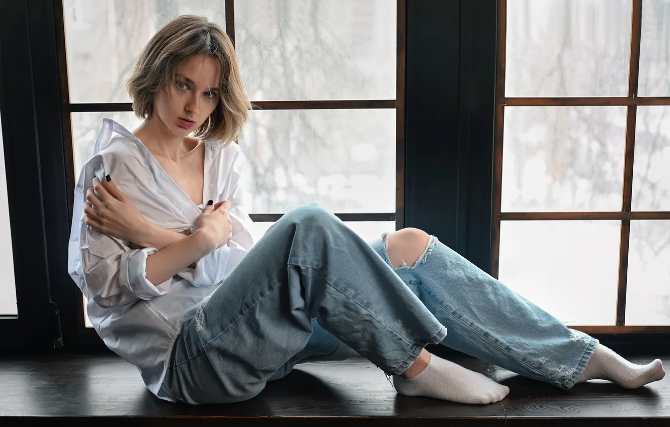 Photo wallpaper look, girl, pose, feet, hands, window, on the windowsill, ripped jeans