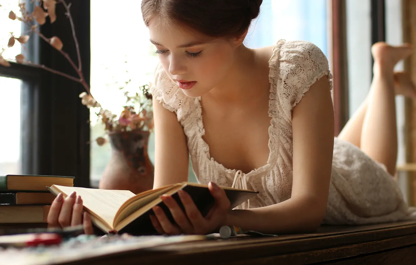 Photo wallpaper girl, cleavage, dress, legs, brown hair, breast, photo, photographer