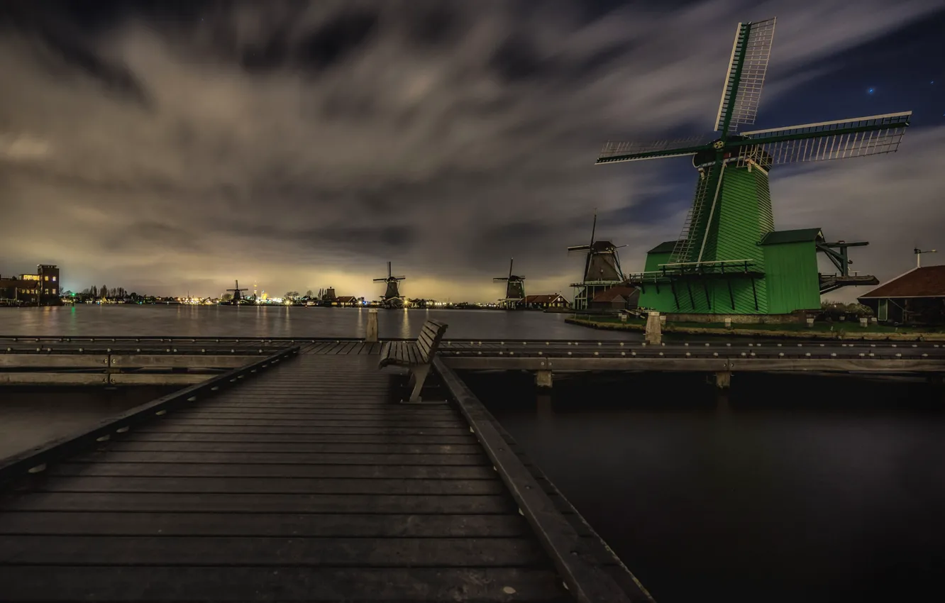 Photo wallpaper clouds, night, lights, Netherlands, bench, windmill, The Zaanse Schans