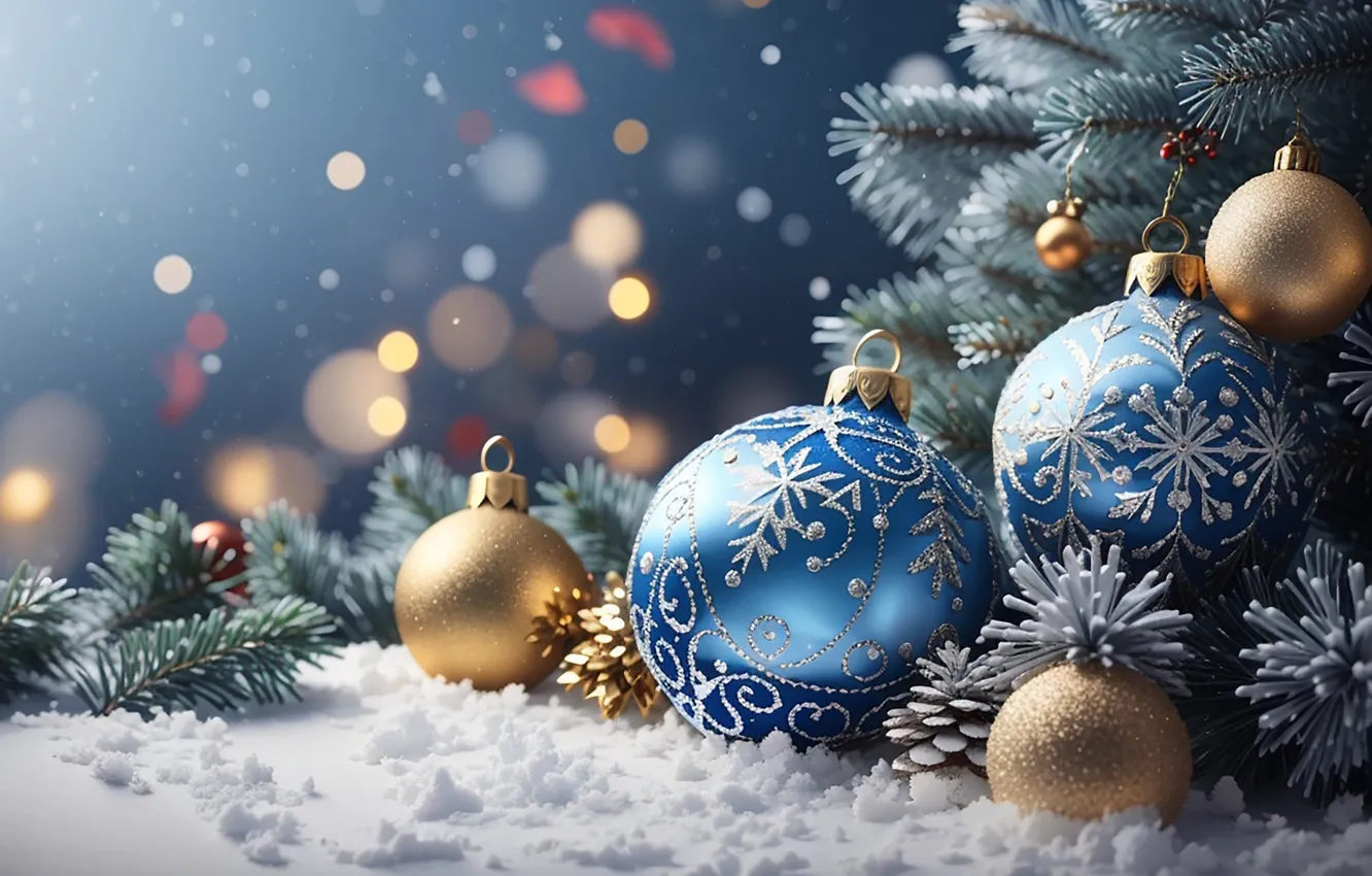 Photo wallpaper winter, snow, decoration, balls, tree, New Year, Christmas, golden