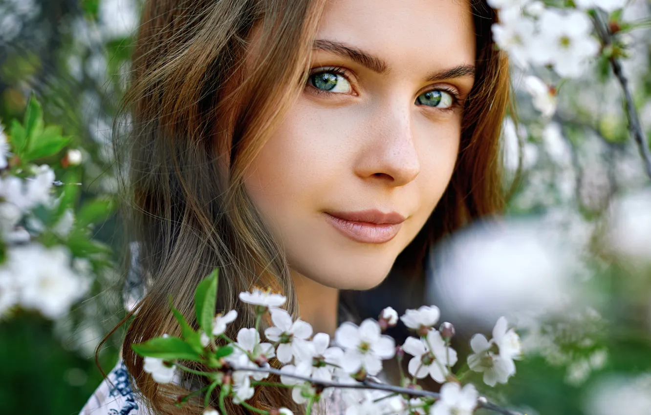 Photo wallpaper look, smile, Girl, flowers, Alexander Urmashev
