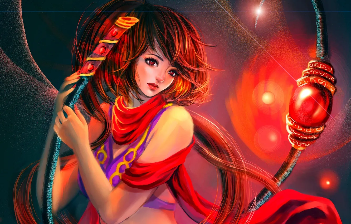 Photo wallpaper girl, weapons, scarf, art, sparks, crystals, whip