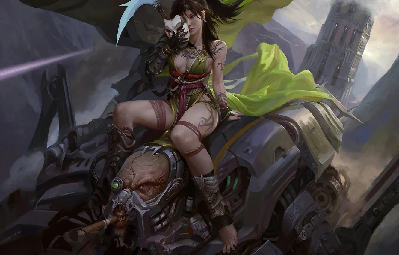 Photo wallpaper girl, metal, tower, mask, giant, tattoo, art, cigar