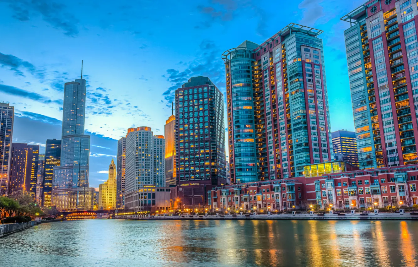 Photo wallpaper river, building, skyscrapers, Chicago, Il, Chicago, Illinois, promenade
