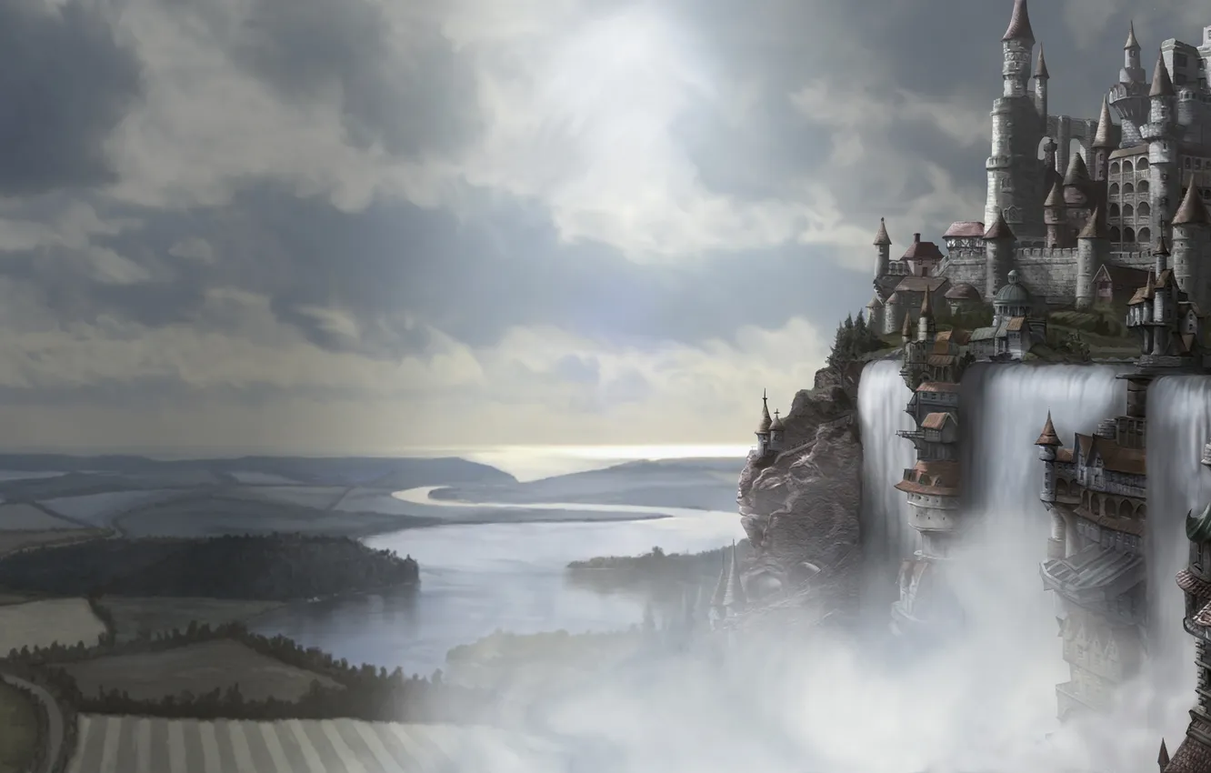 Photo wallpaper field, the sky, clouds, river, castle, waterfall, home, valley