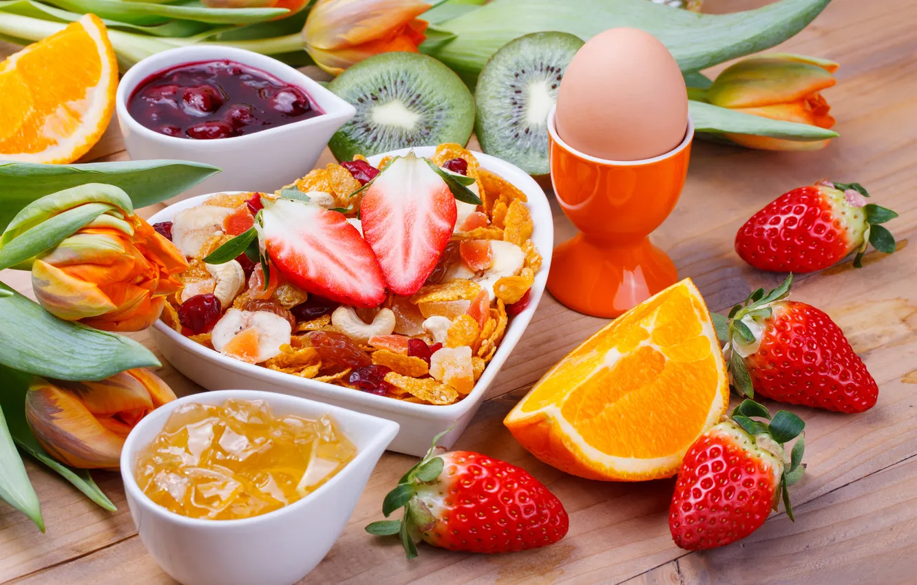 Photo wallpaper orange, eggs, Breakfast, kiwi, strawberry, fruit, jam, orange
