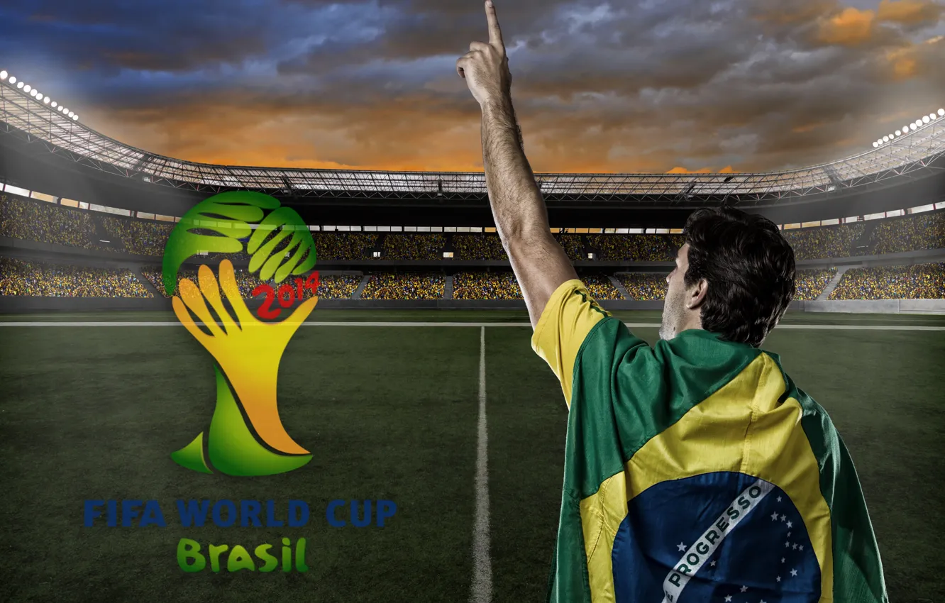Photo wallpaper logo, stadium, football, flag, World Cup, Brasil, FIFA, 2014
