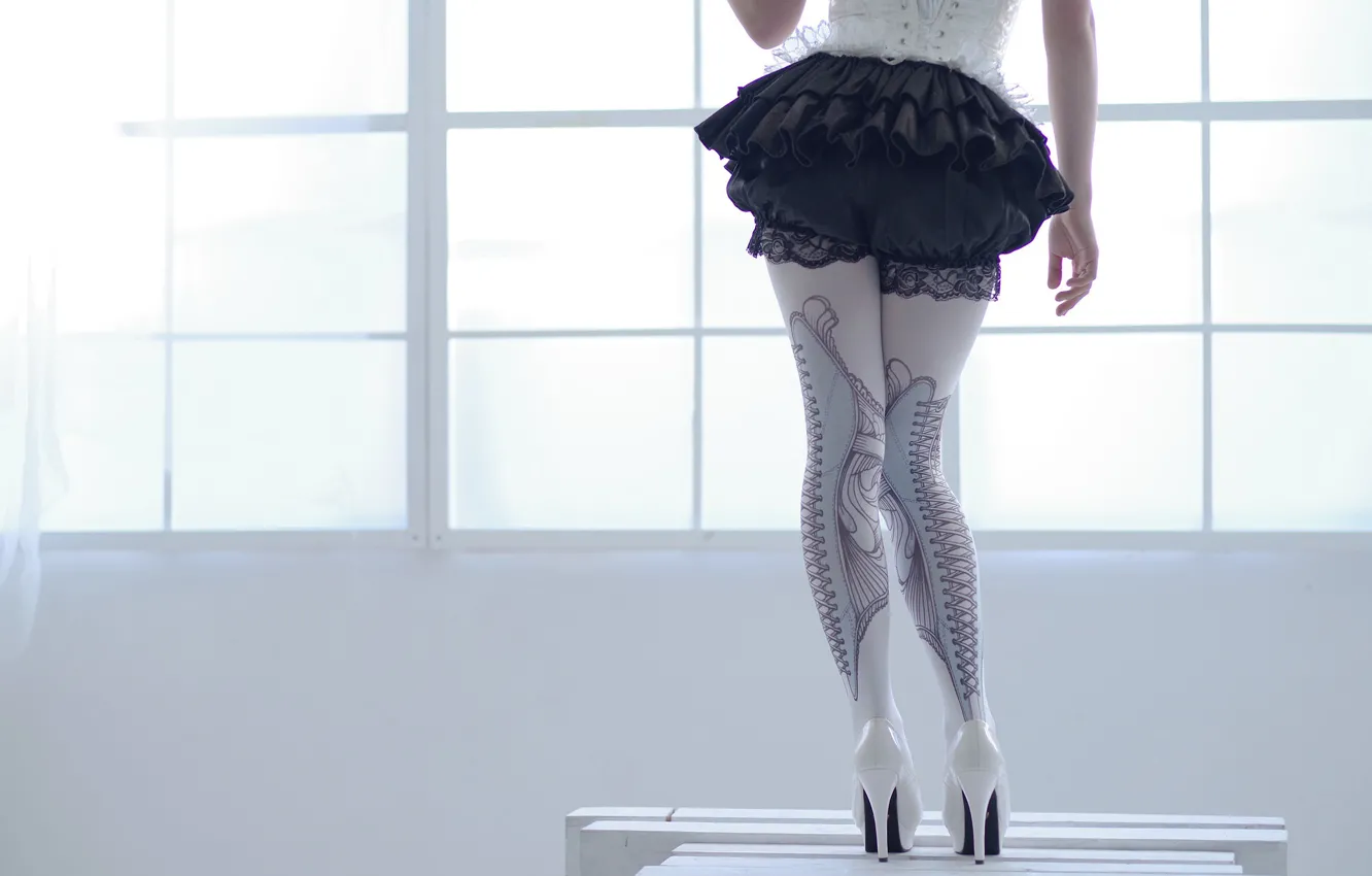 Photo wallpaper girl, style, stockings, figure, heels, corset, legs