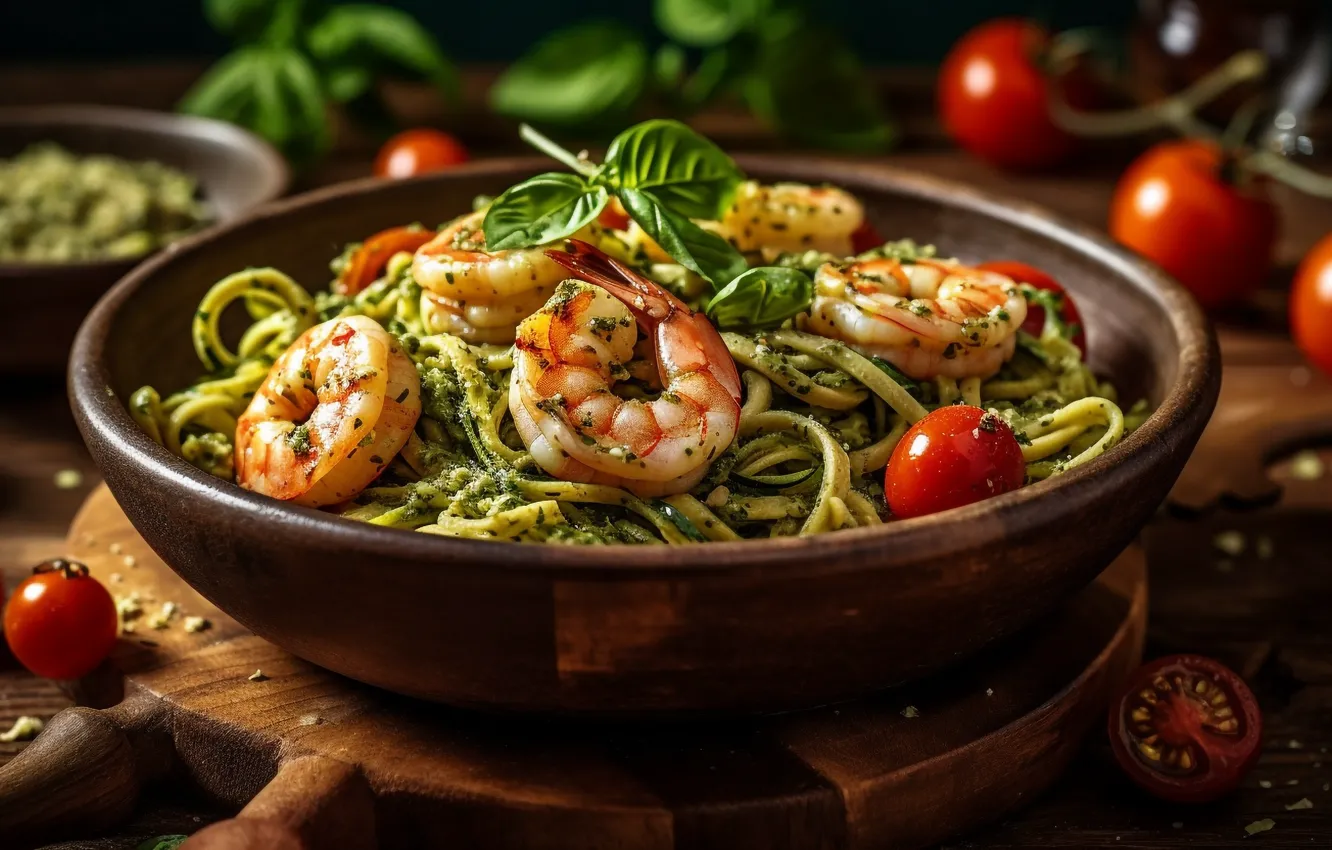 Photo wallpaper greens, table, food, tomatoes, spaghetti, dish, shrimp, submission