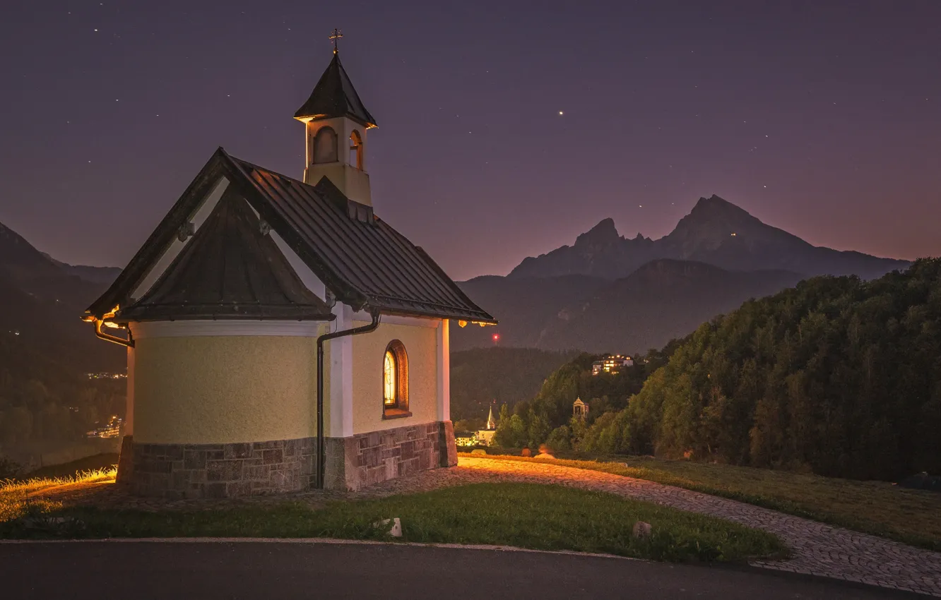 Photo wallpaper landscape, mountains, night, track, Germany, lighting, Alps, chapel