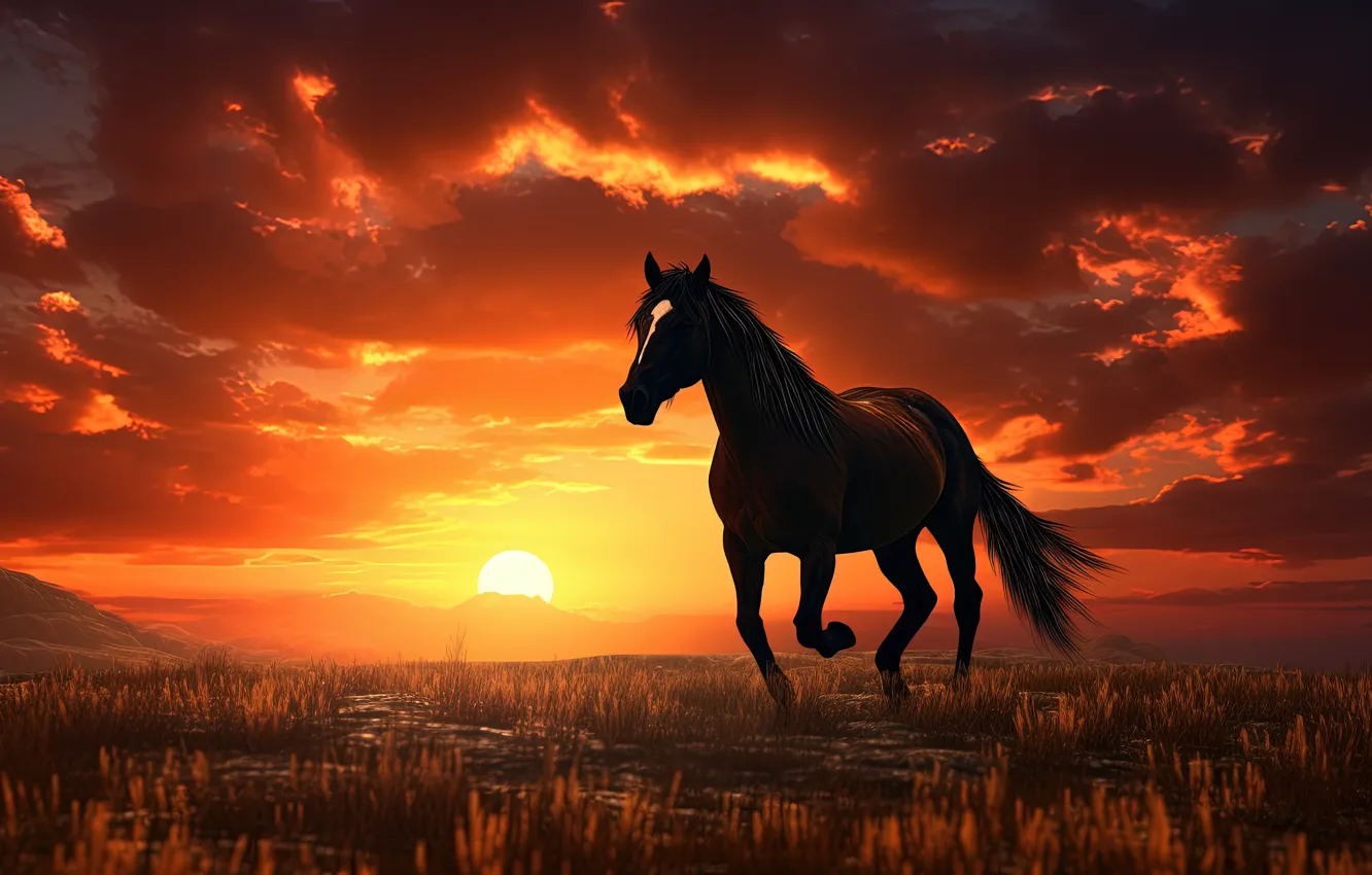 Photo wallpaper sunset, horse, horse, AI art, neural network