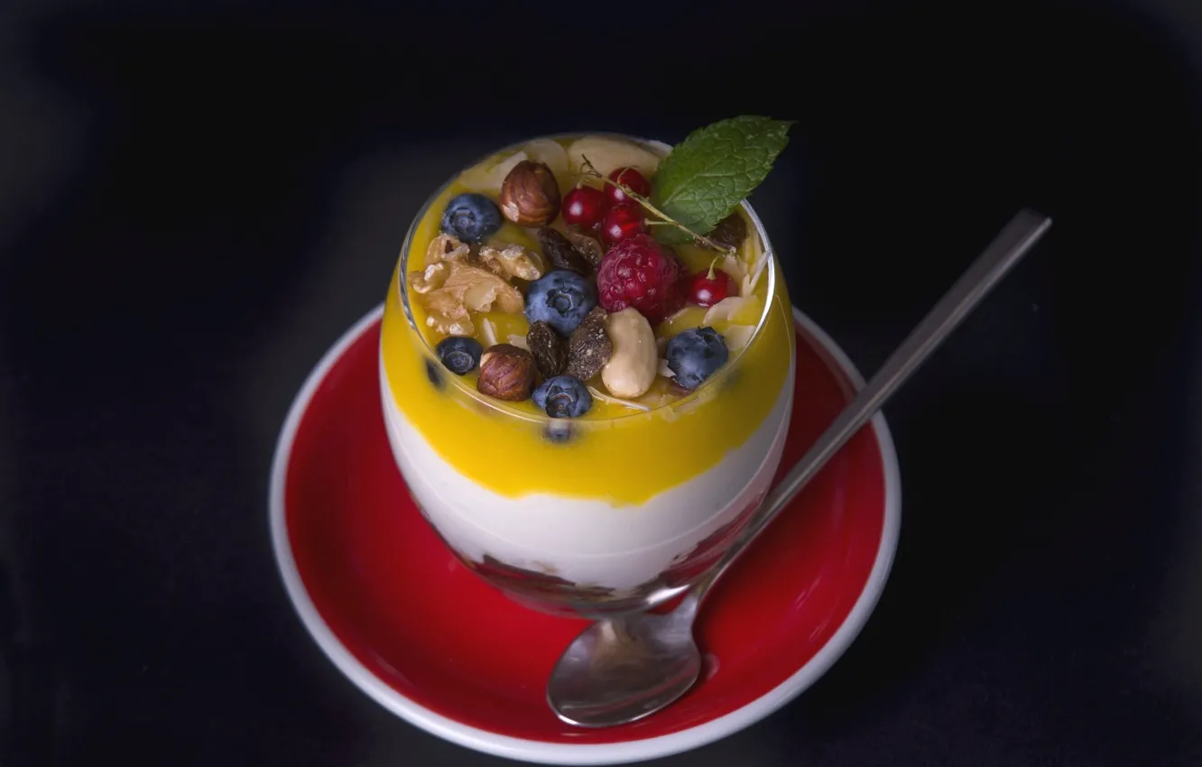 Photo wallpaper berries, raspberry, nuts, dessert, currants, hazelnuts, blueberries, yogurt