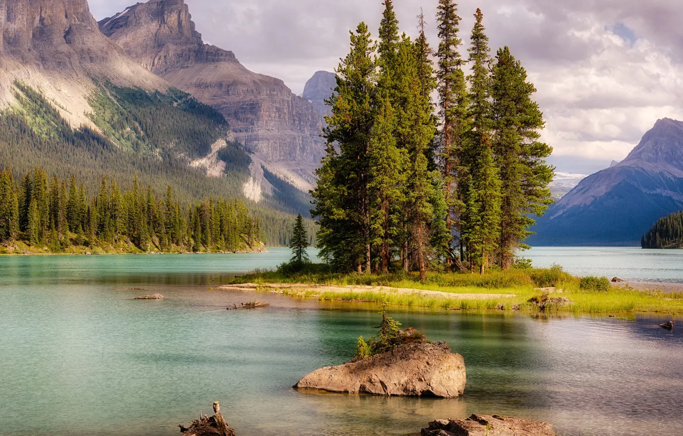 Photo wallpaper forest, clouds, trees, mountains, lake, stones, rocks, Canada