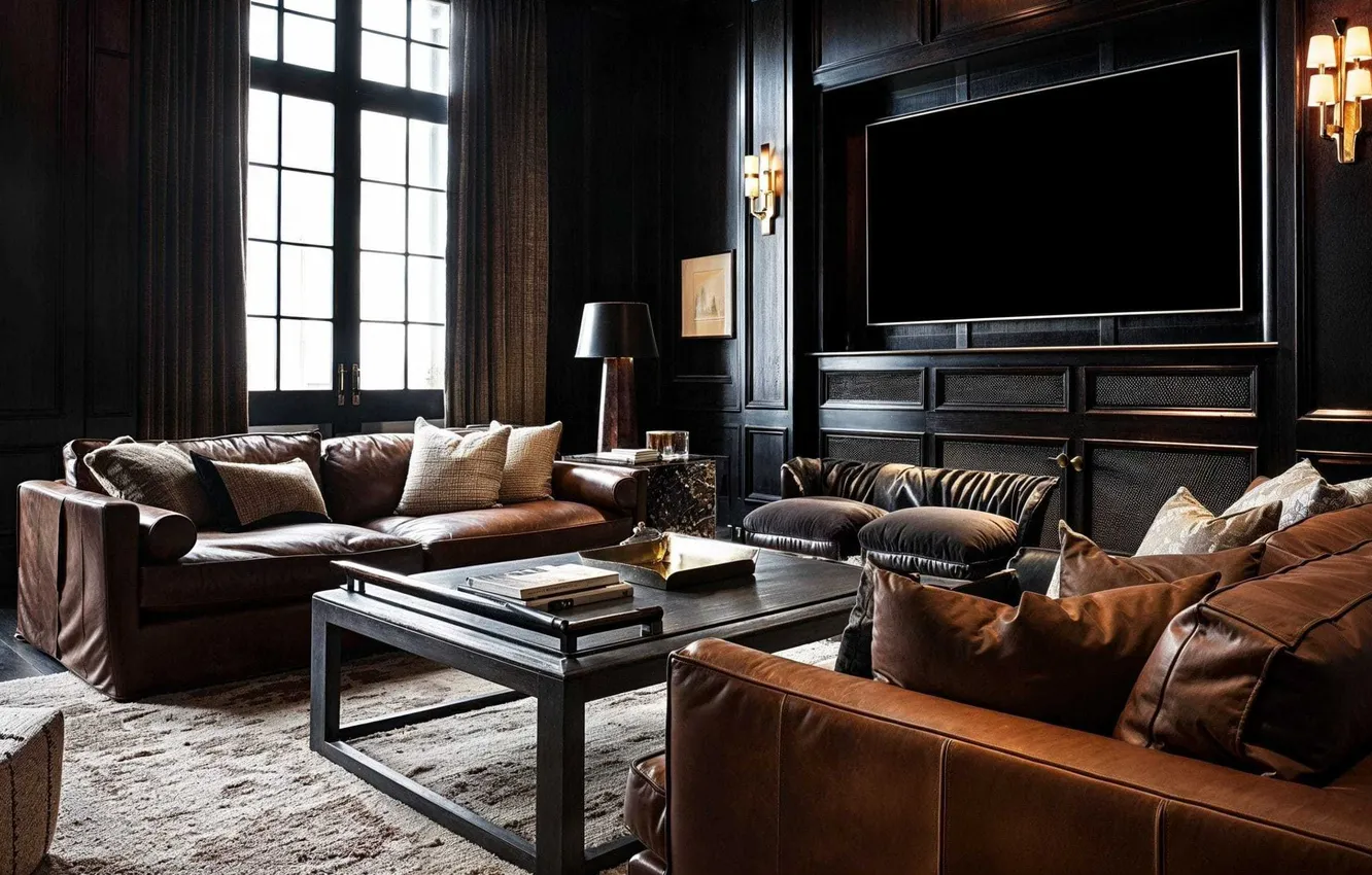 Photo wallpaper design, style, room, living room, black color in the interior, leather upholstered furniture, by Decorilla …