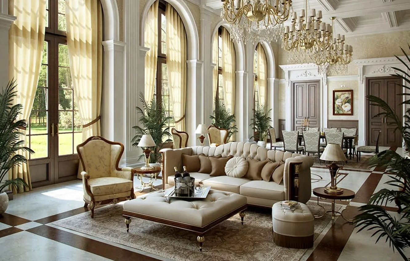 Photo wallpaper style, Villa, interior, living room, dining room, modern vintage