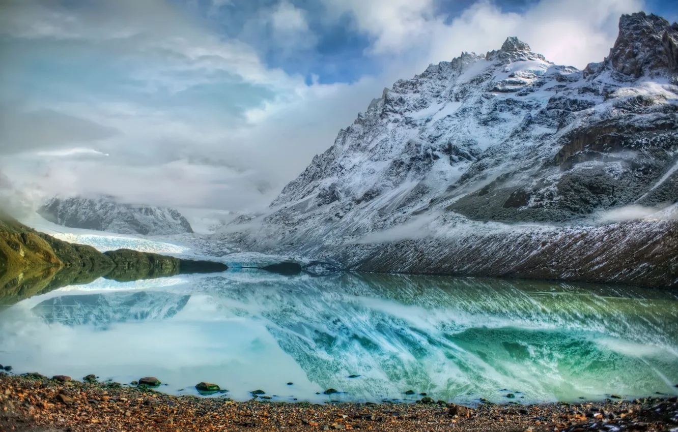 Photo wallpaper snow, mountains, lake