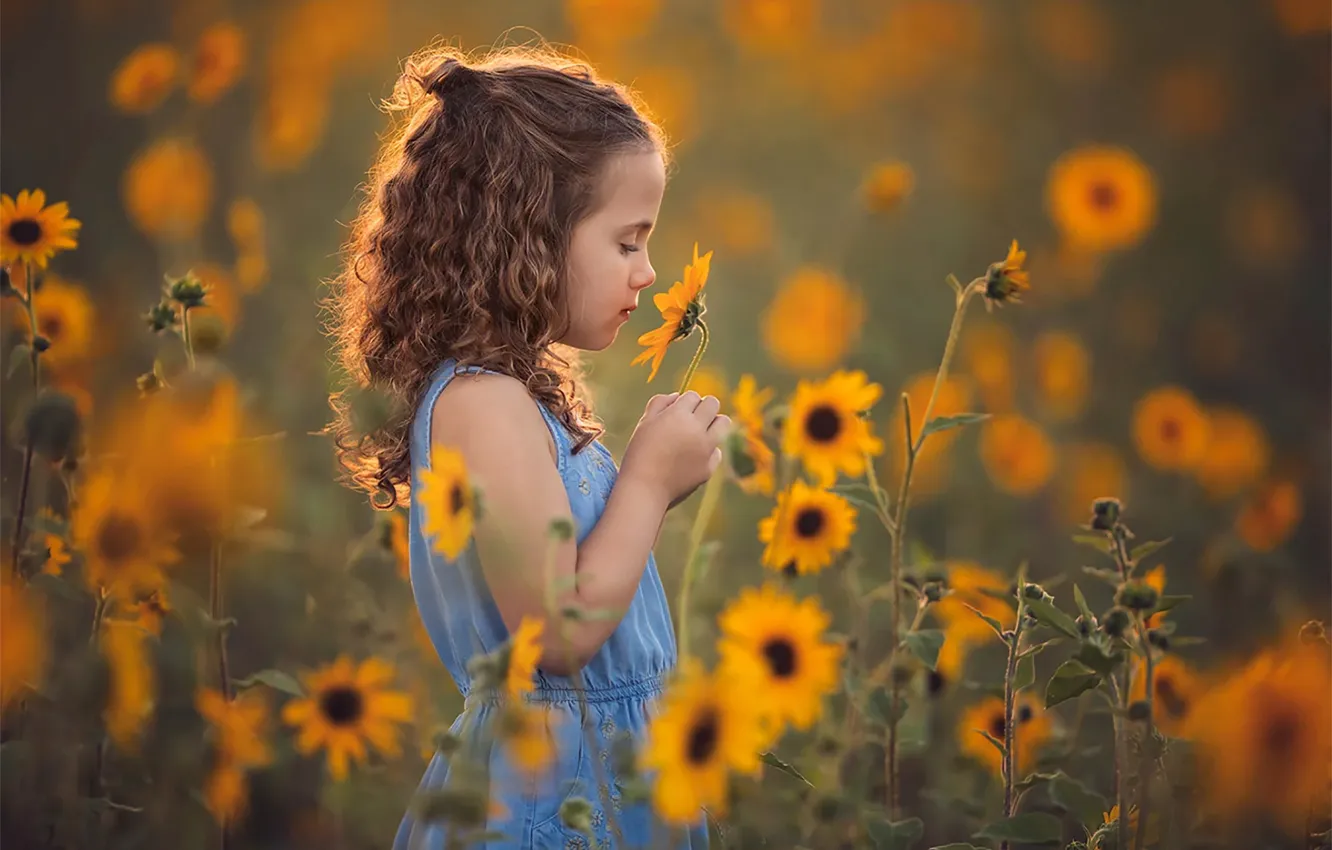 Photo wallpaper field, flowers, girl