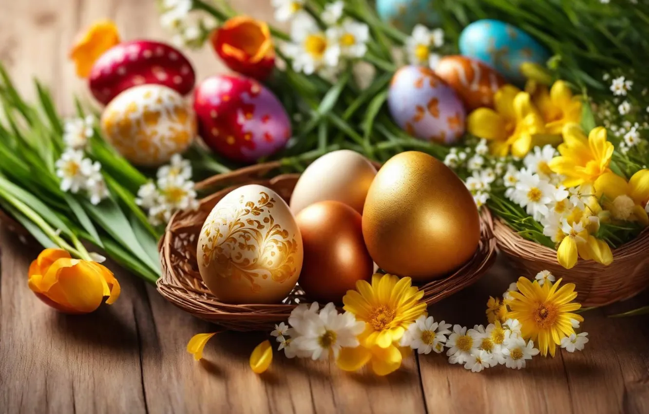 Photo wallpaper flowers, eggs, spring, colorful, Easter, flowers, spring, Easter