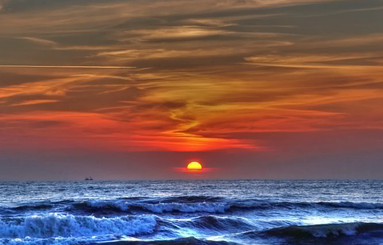 Photo wallpaper wave, Sunset, hdr