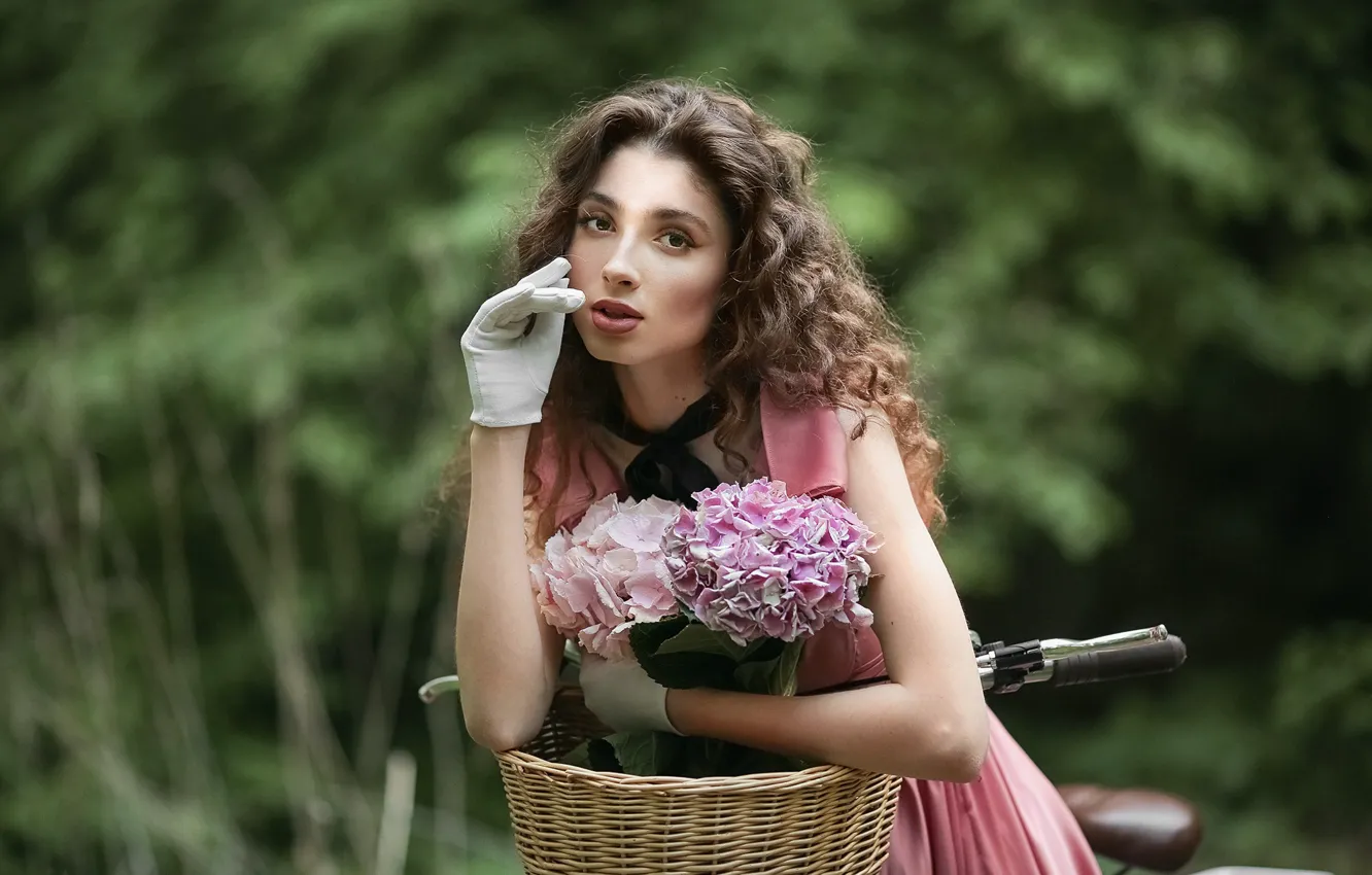 Photo wallpaper look, girl, flowers, face, pose, basket, hands, gloves