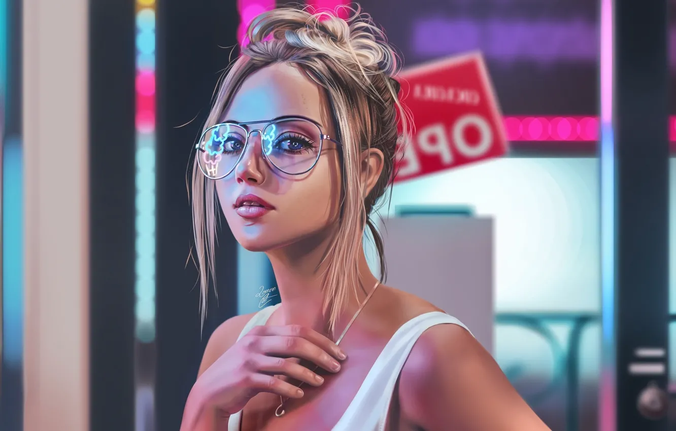 Photo wallpaper girl, art, glasses, Blond girl