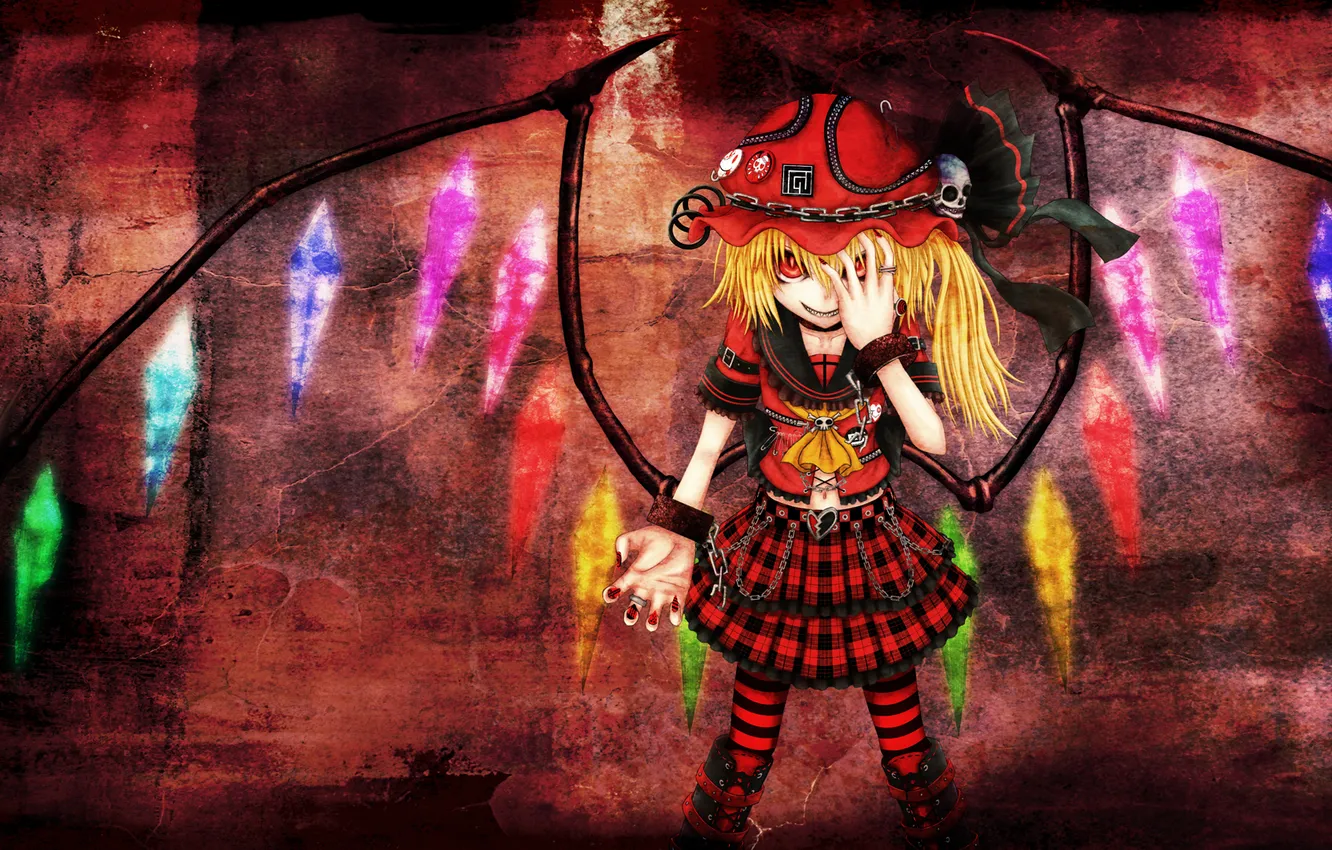 Photo wallpaper background, wings, the demon, art, girl, crystals, touhou, flandre scarlet