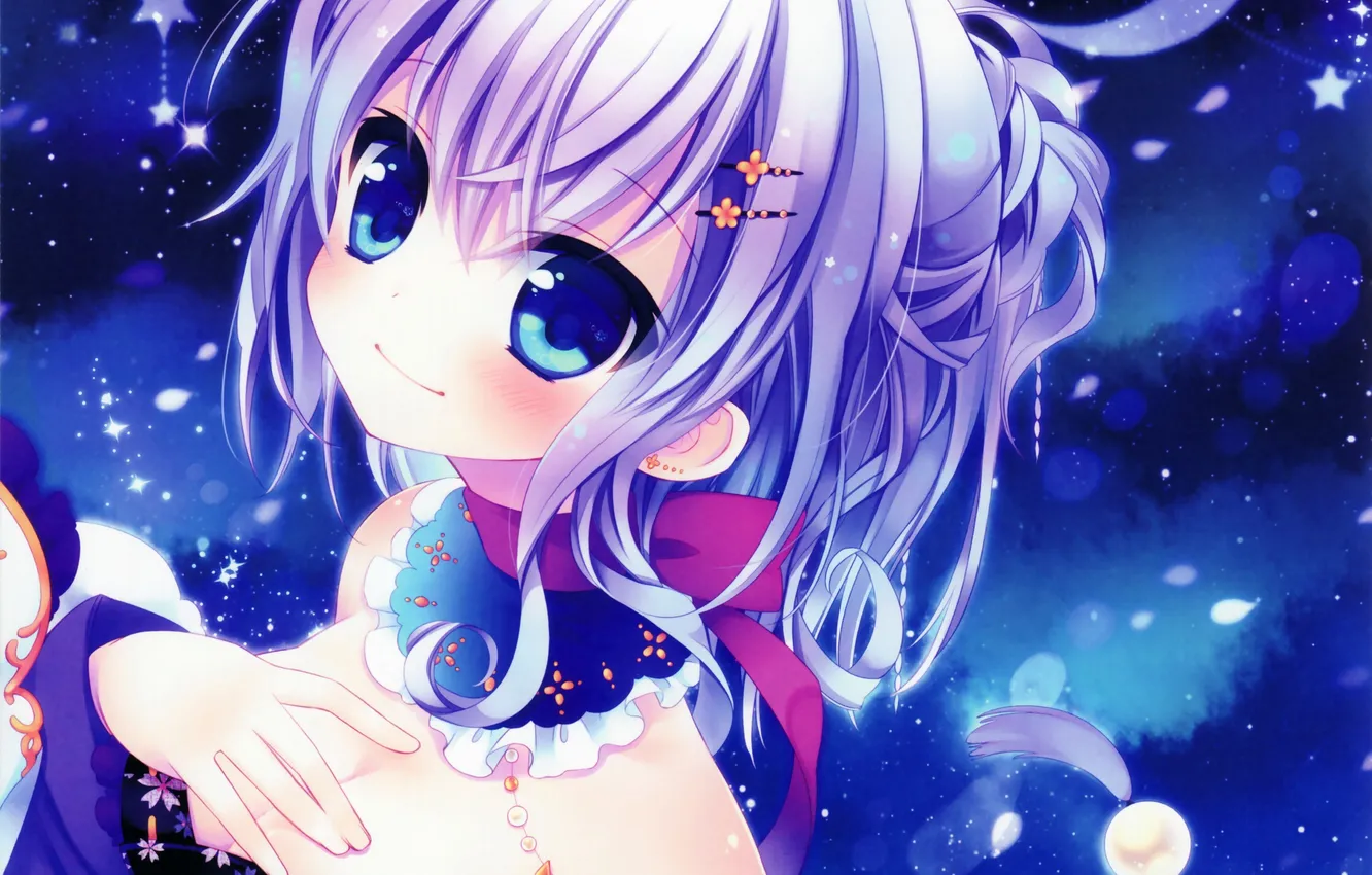 Photo wallpaper girl, smile, a month, anime, art, kimono, stars, barrette