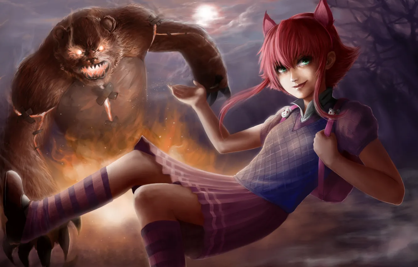 Photo wallpaper look, girl, smile, magic, bear, art, League of Legends, Annie