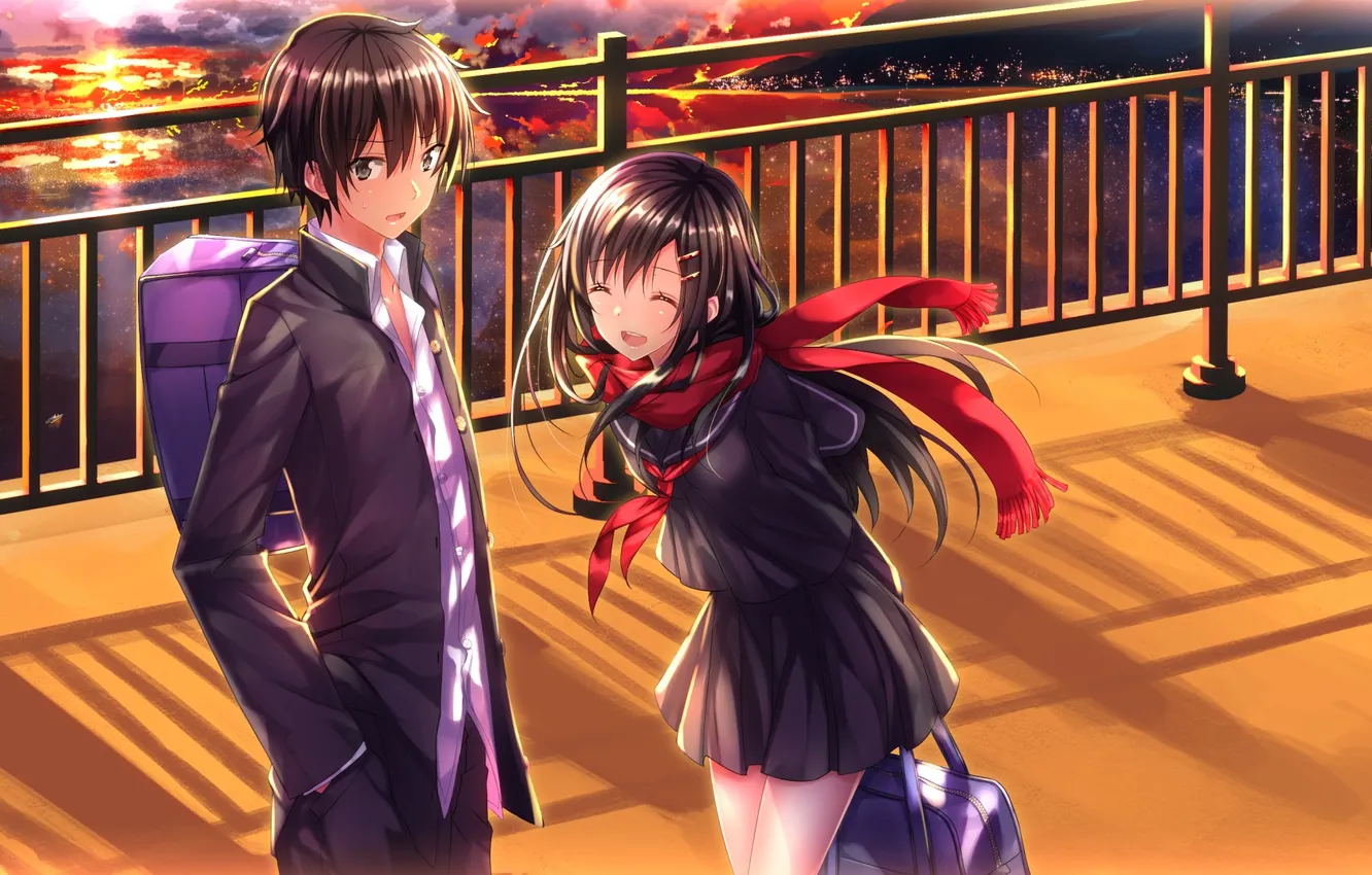 Photo wallpaper look, girl, joy, sunset, form, guy, art, swordsouls