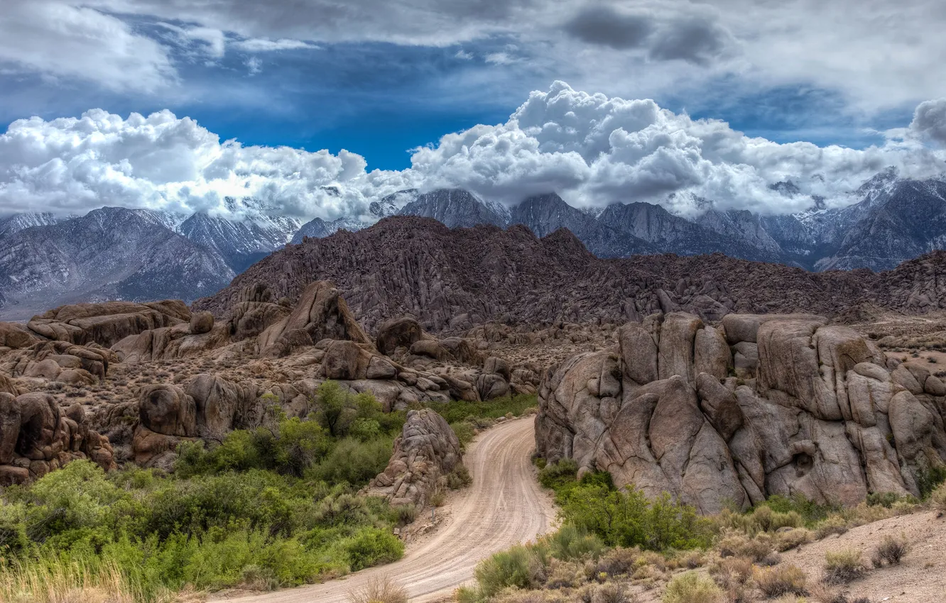Photo wallpaper road, the sky, mountains, clouds, stones, rocks