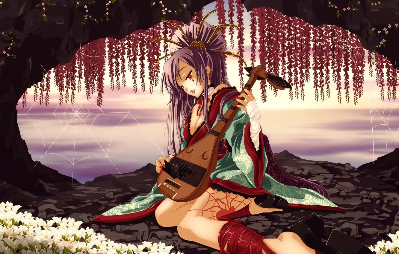 Photo wallpaper girl, flowers, web, spider, tattoo, kimono, musical instrument, the grotto
