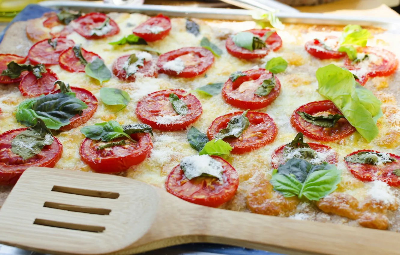 Photo wallpaper pizza, tomatoes, blade