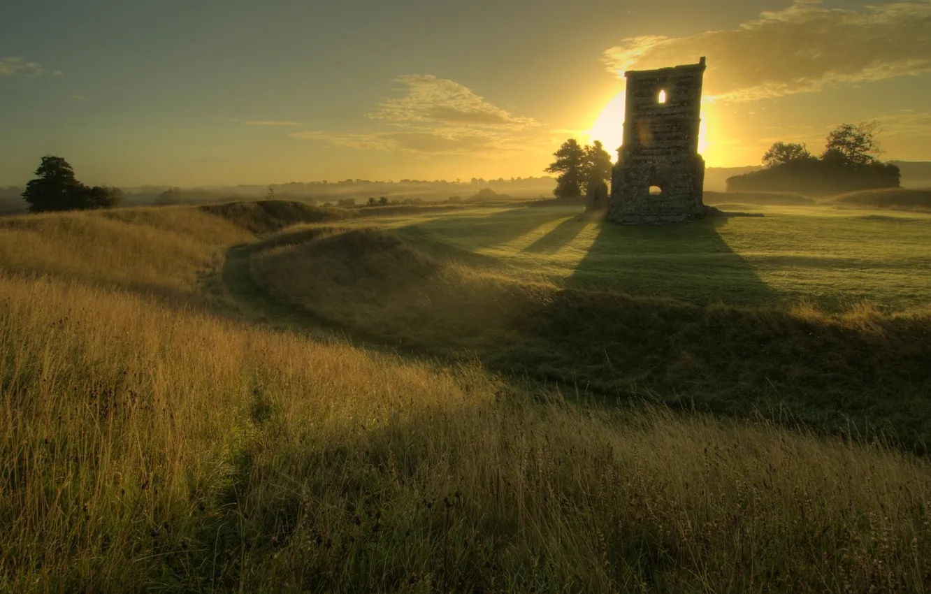Photo wallpaper field, summer, the sky, grass, the sun, landscape, ruins, Knowlton Church