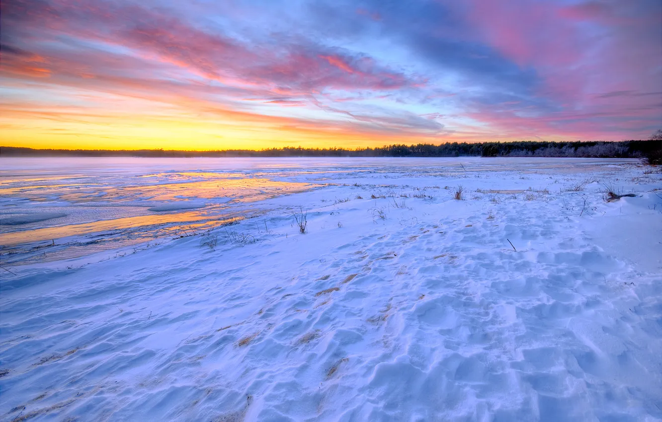 Photo wallpaper winter, the sky, clouds, snow, sunset, lake